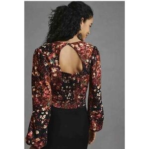 by Anthropologie Womens Balloon Sleeve V-Neck Open Back Shirt Abstract Print Sm